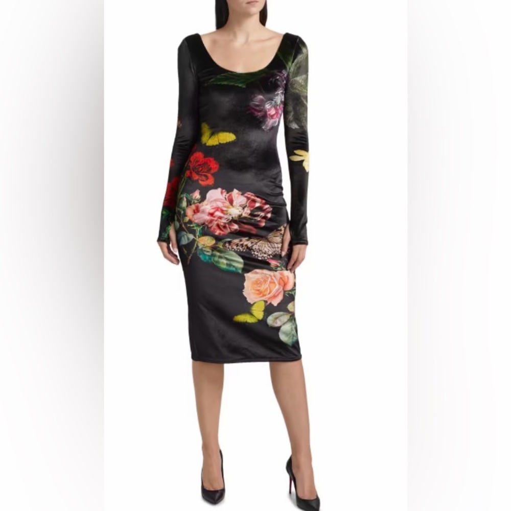 ALICE + OLIVIA DELORA Floral-Print Scoopneck Midi Dress BUTTERFLIES NWT